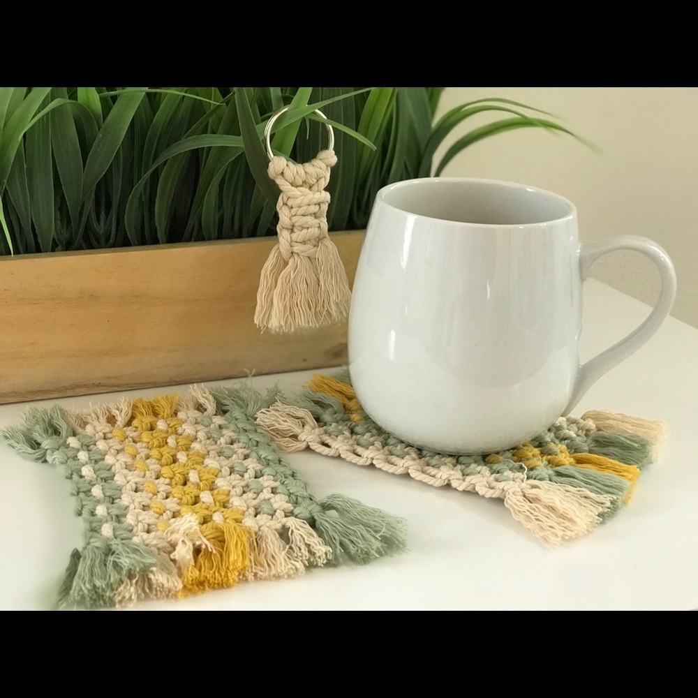 Handmade macramé mug coasters